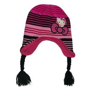 Sanrio Hello Kitty ear flaps braided ties knit cap fleece lined pink black NWOT